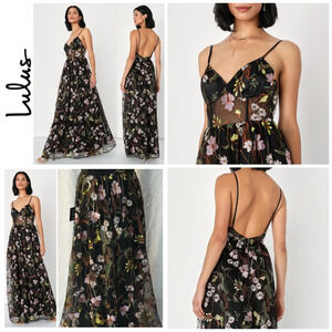 Lulus Maxi Dress L Babydoll Black Floral Embroidered Whimsigoth NWT Dark Fairy